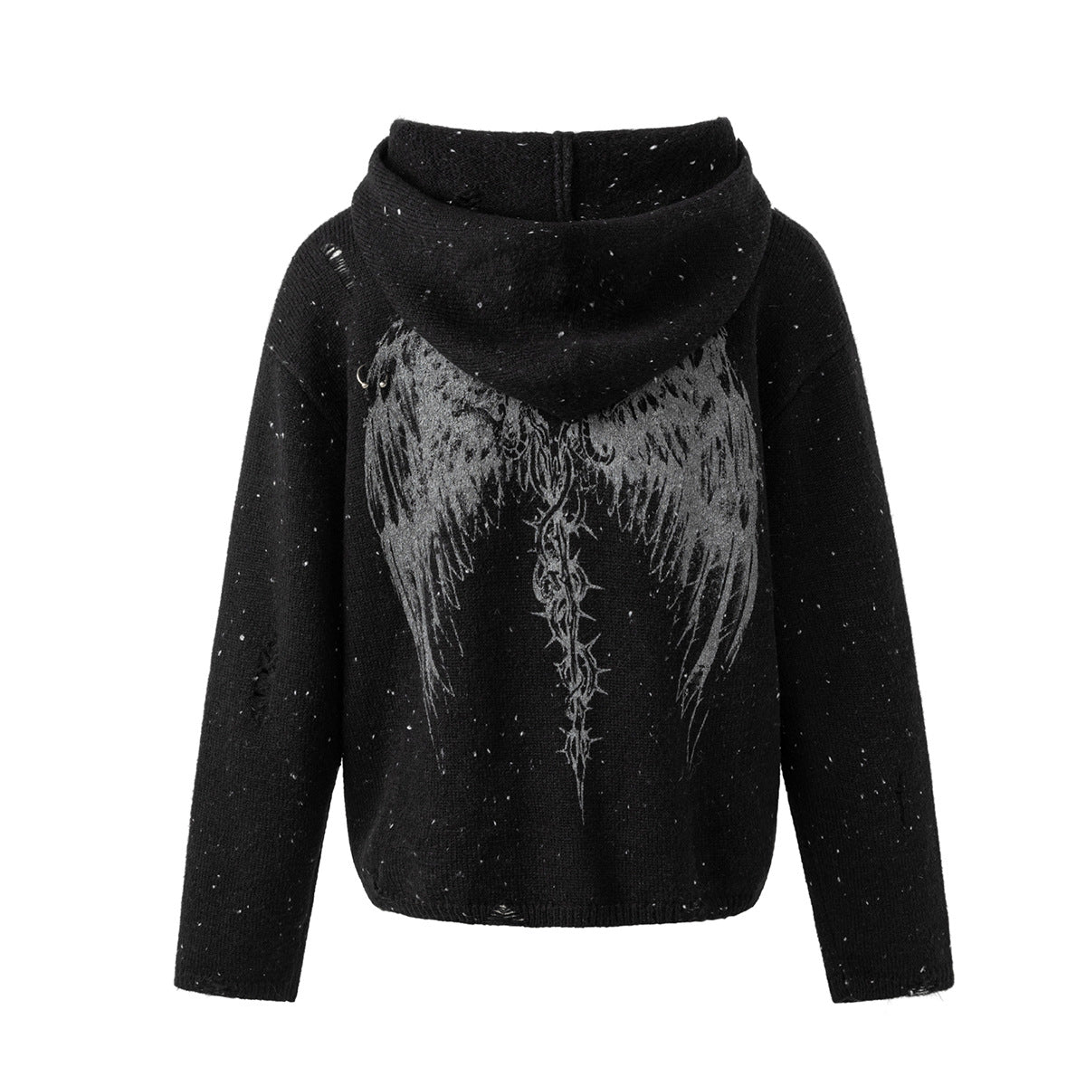 Dark Angel Wings Knit Zip-Up Hoodie – Distressed Black Sweater Hoodie