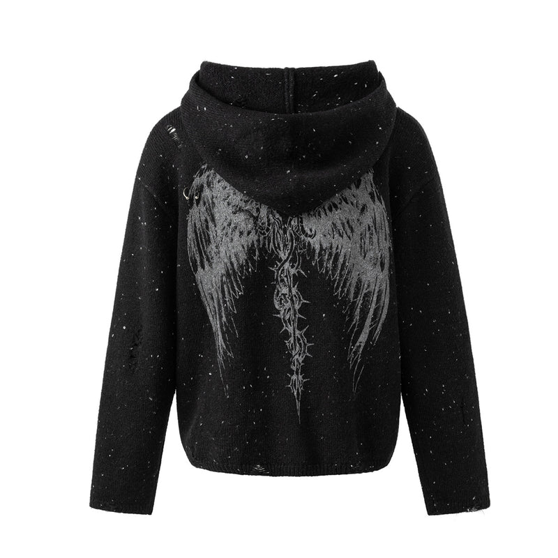 Dark Angel Wings Knit Zip-Up Hoodie – Distressed Black Sweater Hoodie
