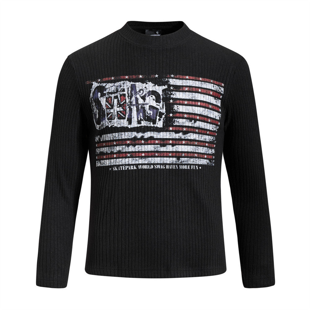 Men's black ribbed long-sleeve sweatshirt with distressed American flag graphic print on chest, front and back view