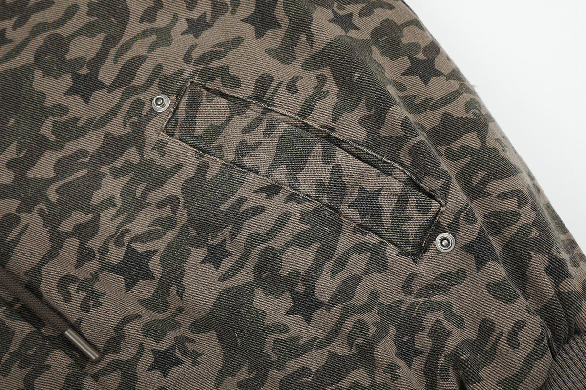 Camouflage Star-Print Padded Bomber Jacket with Faux Fur Hood