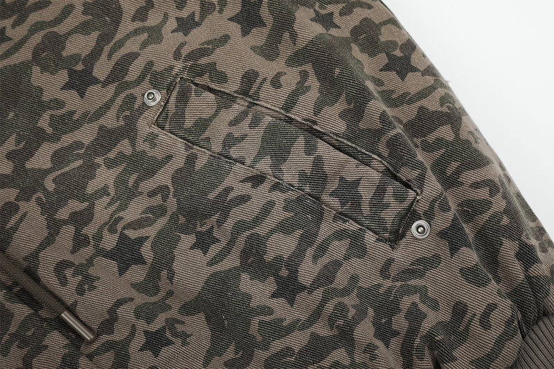 Camouflage Star-Print Padded Bomber Jacket with Faux Fur Hood