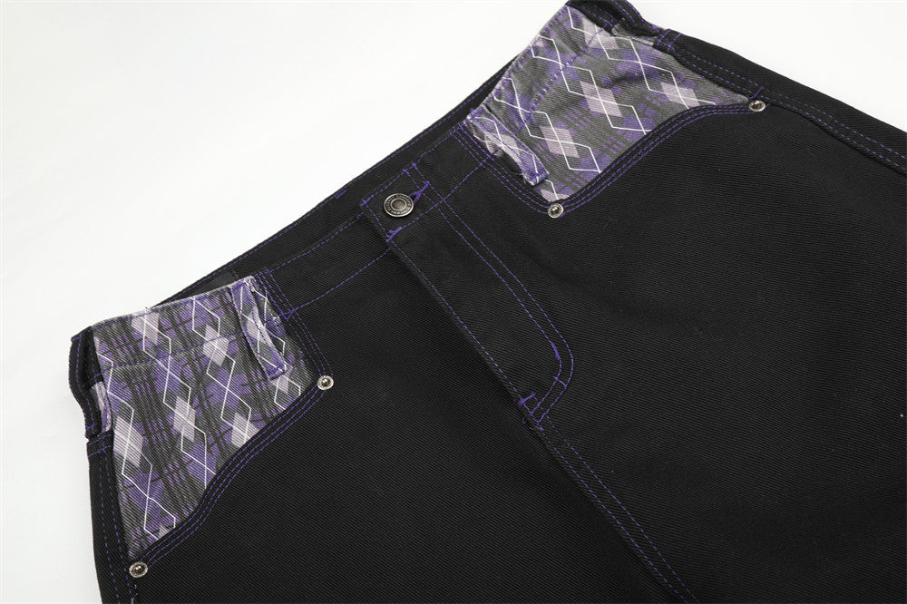 Wide-Leg Jeans with Argyle Patchwork Waistband and Hem Detail