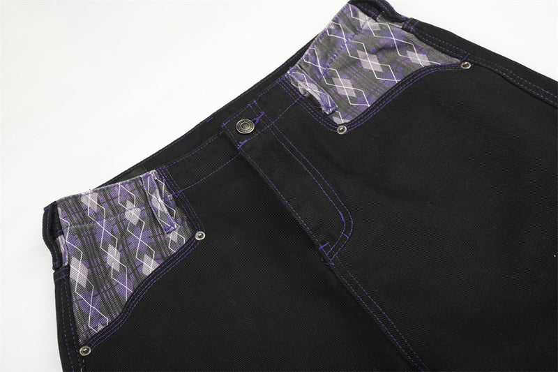 Wide-Leg Jeans with Argyle Patchwork Waistband and Hem Detail