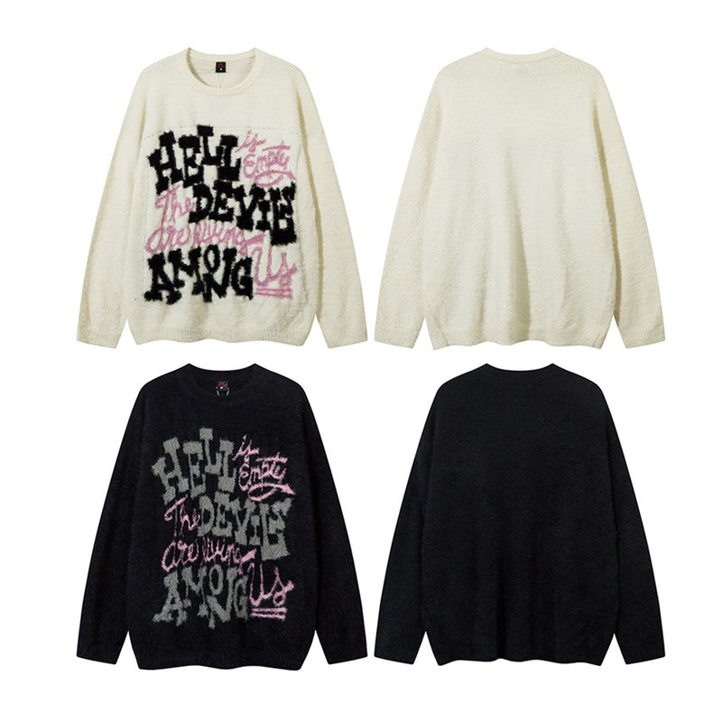 Pull oversize en maille jacquard à lettrage – Hell Is Empty, motif graffiti