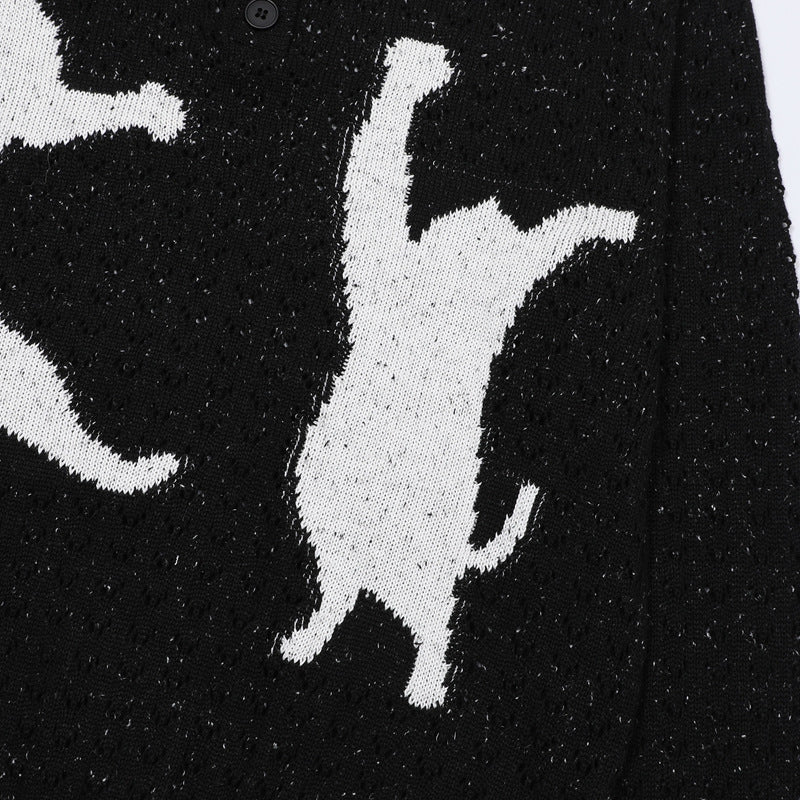 Cat Jacquard Polo Collar Openwork Knit Sweater – Unisex Korean Style
