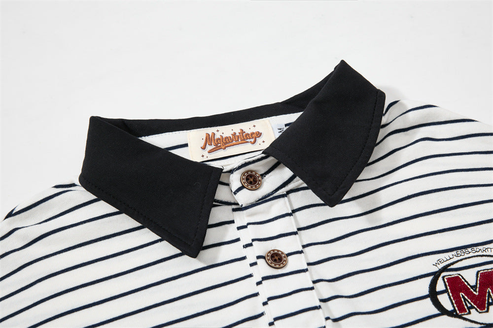 Striped Long Sleeve Shirt Mens Polo — Varsity Embroidery, Relaxed Fit