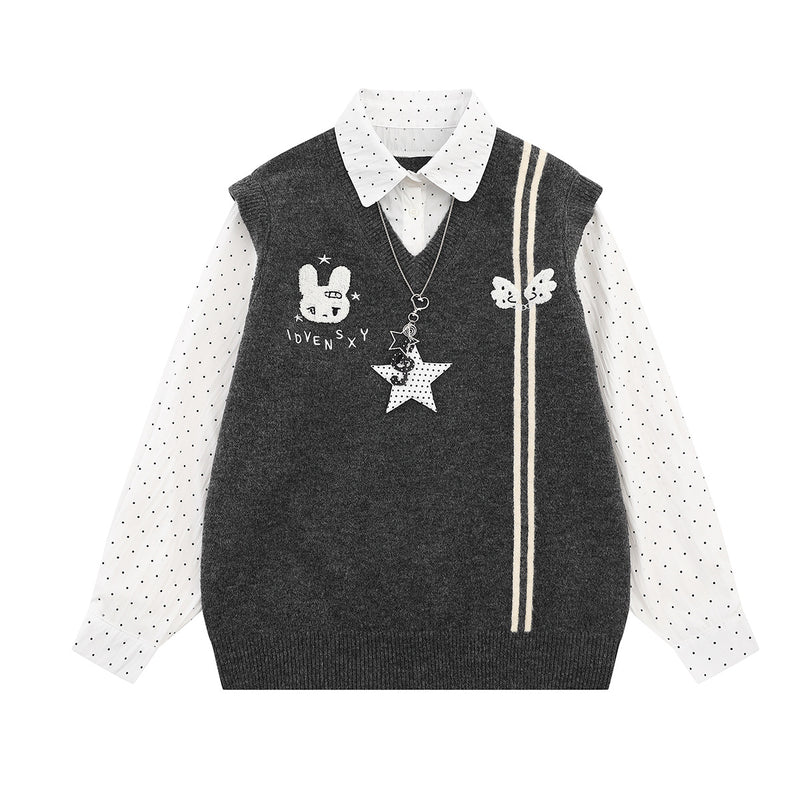 Sweater Faux Two-Piece Knit Vest with Polka Dot Shirt Collar & Bunny Embroidery