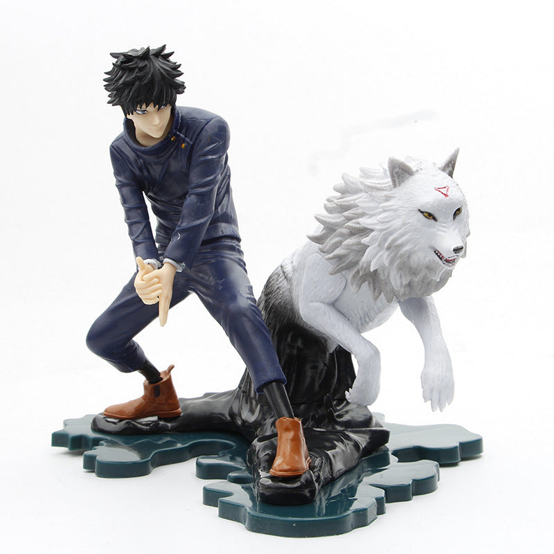 The Jujutsu Kaisen Megumi Fushiguro &amp; Tsumiki 17 cm PVC Figure depicts a black-haired character in a dark outfit with a posed stance, accompanied by a detailed white wolf-like creature, all on an intricately designed base.