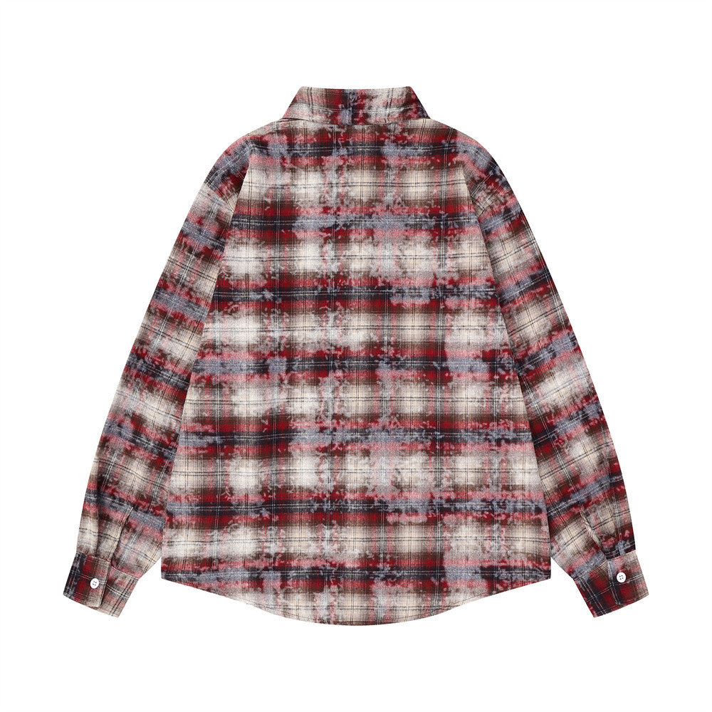 Back view of red plaid long sleeve shirt with faded bleached pattern