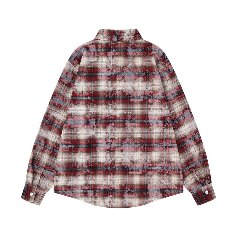 Back view of red plaid long sleeve shirt with faded bleached pattern