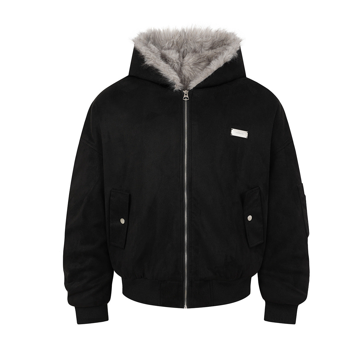 Bomber en suédine avec capuche en fausse fourrure – Manteau d’hiver oversize