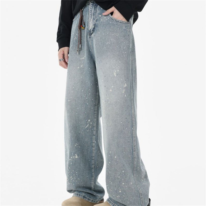 Wide-Leg Paint Splatter Jeans – Men's High-Street Light Blue Washed Denim