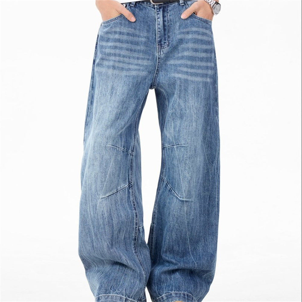 Wide-Leg Baggy Jeans – Washed Blue Curved Seam Design with Contrast Pocket