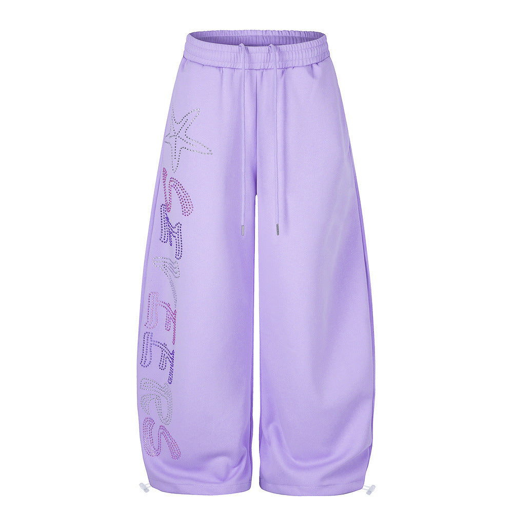 Oversized wide-leg sweatpants with rhinestone letter and starfish graphic in lavender purple and cobalt blue