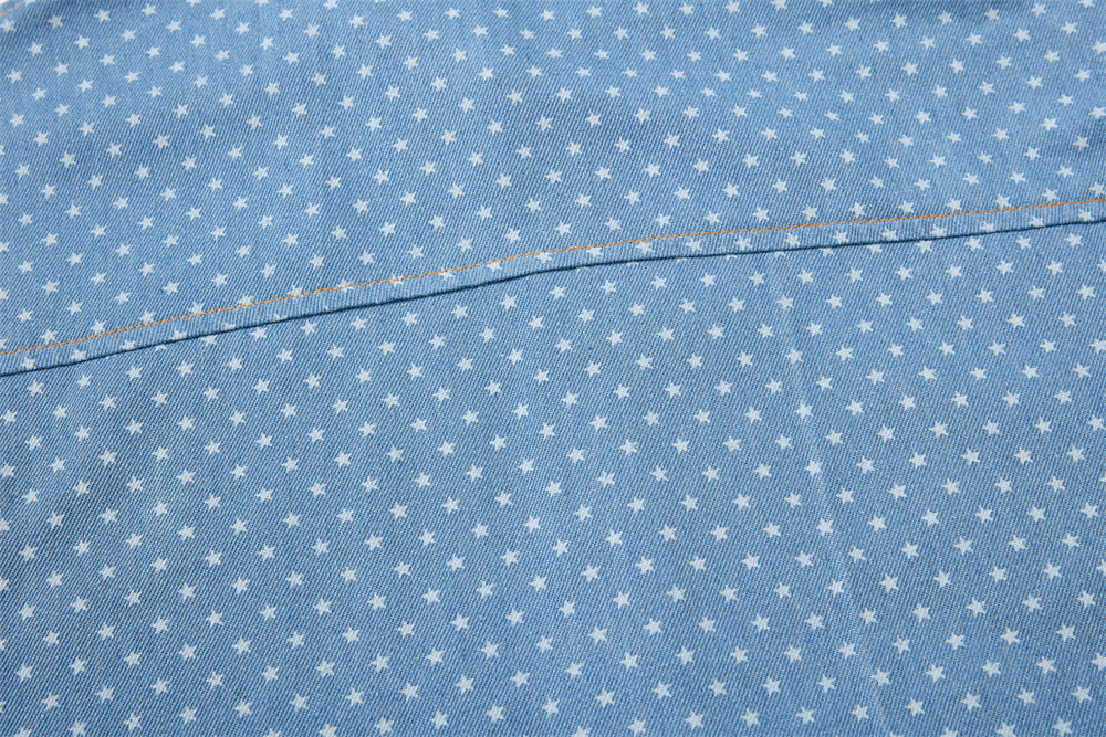 Short Sleeve Button-Up Shirt – All-Over Star Print with Varsity Graphic & Denim