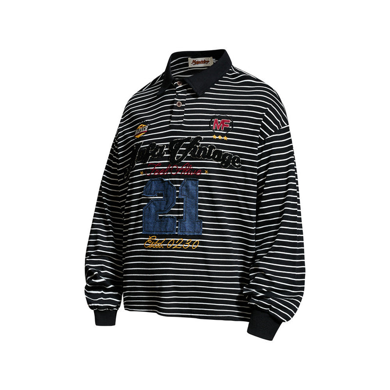 Striped Long Sleeve Shirt Mens Polo — Varsity Embroidery, Relaxed Fit