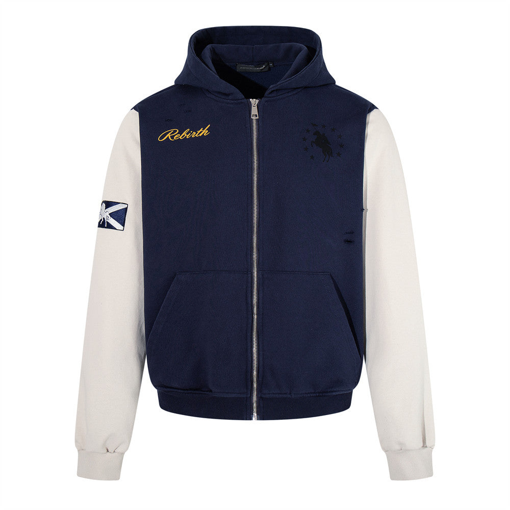 Rebirth 7 Colorblock-Zip-Hoodie – Distressed Varsity-Sweatshirt in Navy & Creme