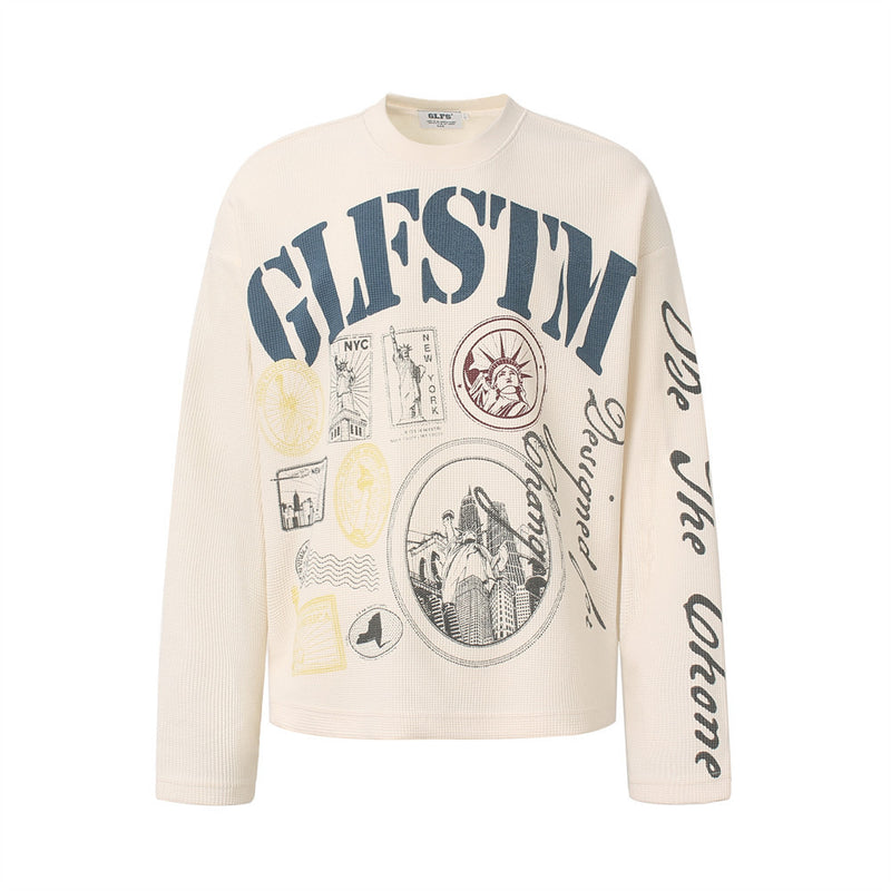 GLFSTM oversized waffle-knit long-sleeve tee with NYC graphic print in almond, front view