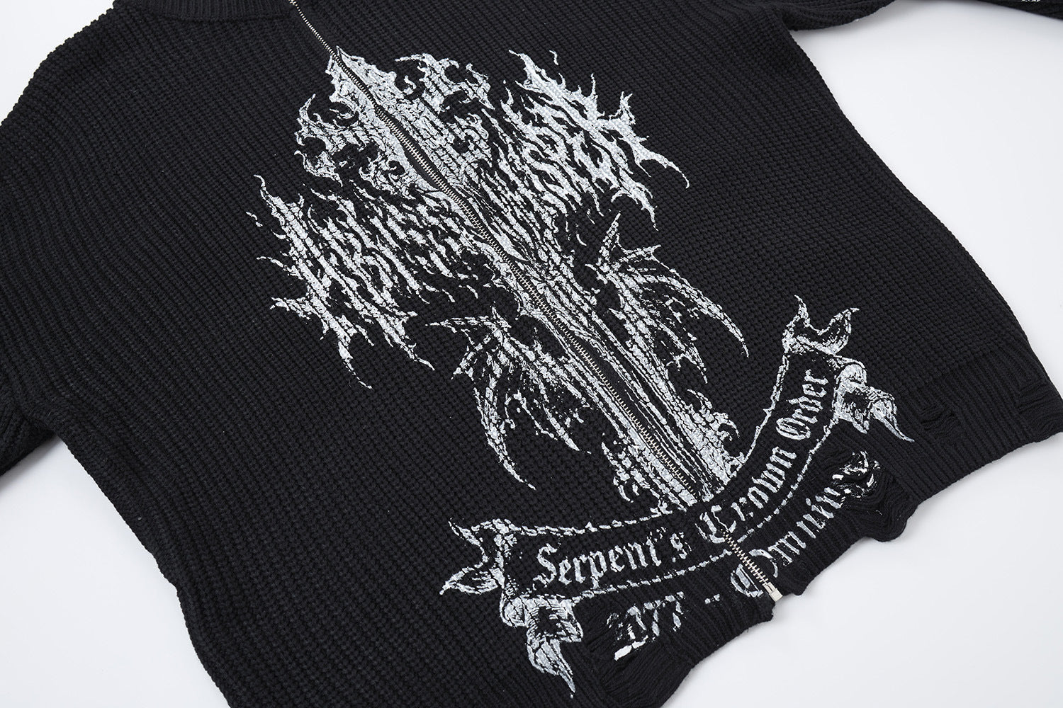 Pull zippé en maille à motif gothique – Col montant punk sombre Abyss Whisper