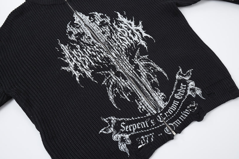Pull zippé en maille à motif gothique – Col montant punk sombre Abyss Whisper