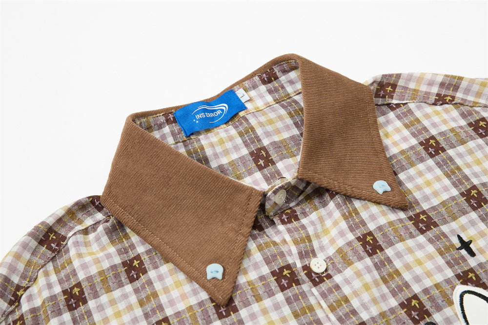 Cartoon Cat & Dog Patch Embroidery Plaid Short Sleeve Shirt