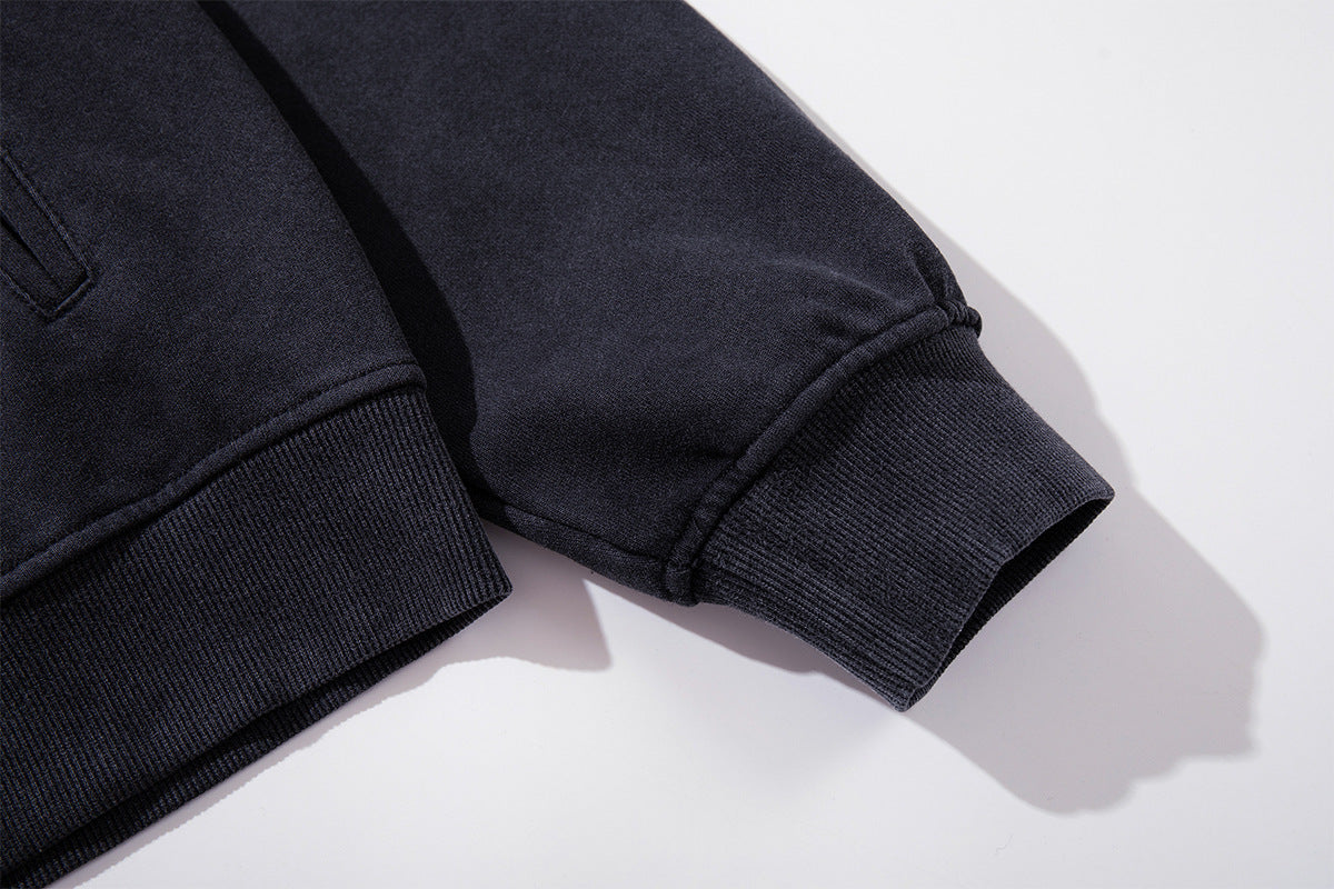 Schwerer Zip-Hoodie – Verwaschenes Schwarz, Streetwear-Design mit mehreren Knöpfen