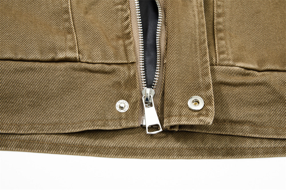 Vintage Workwear Denim Jacket – Stand Collar, Zip Chest Pockets & Oversized Fit