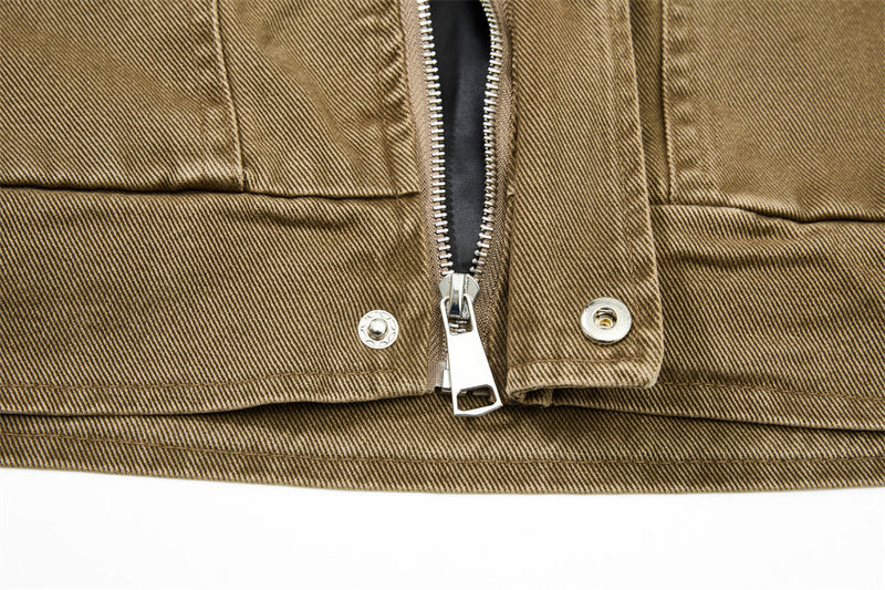 Vintage Workwear Denim Jacket – Stand Collar, Zip Chest Pockets & Oversized Fit