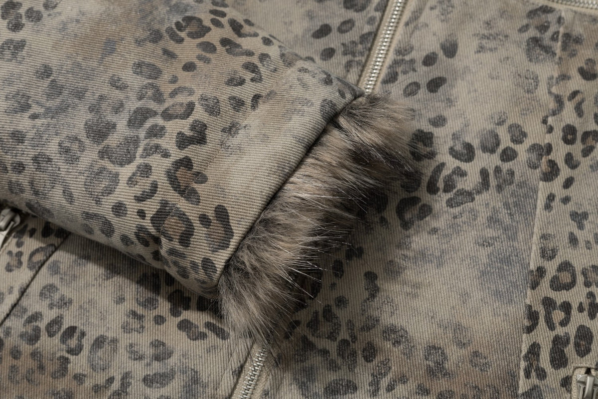 Men's Leopard Print Padded Jacket with Faux Fur Collar & Trim
