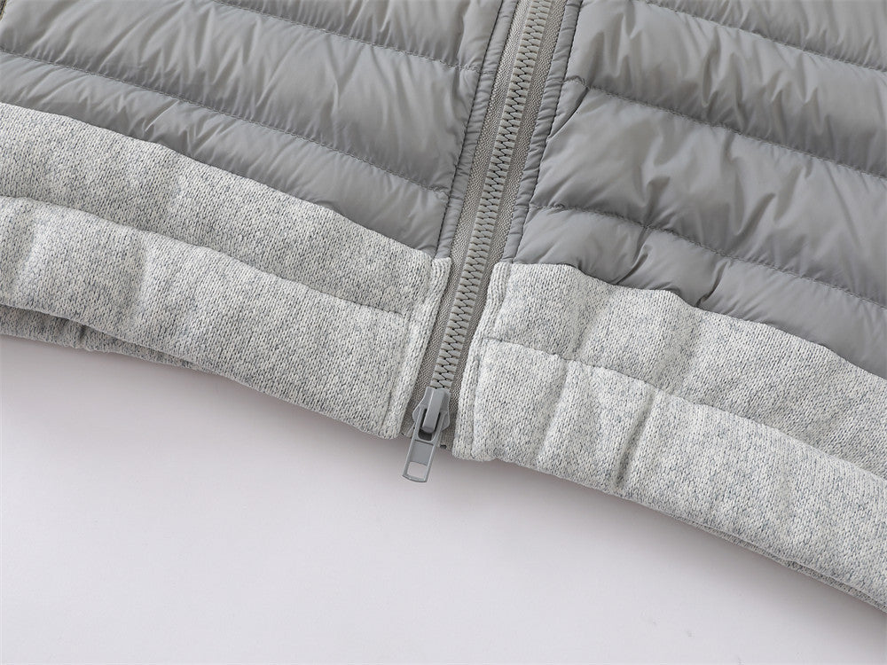 Graue Herren-Hybridjacke mit Kapuze, Reißverschluss und Steppoptik – Strickärmel