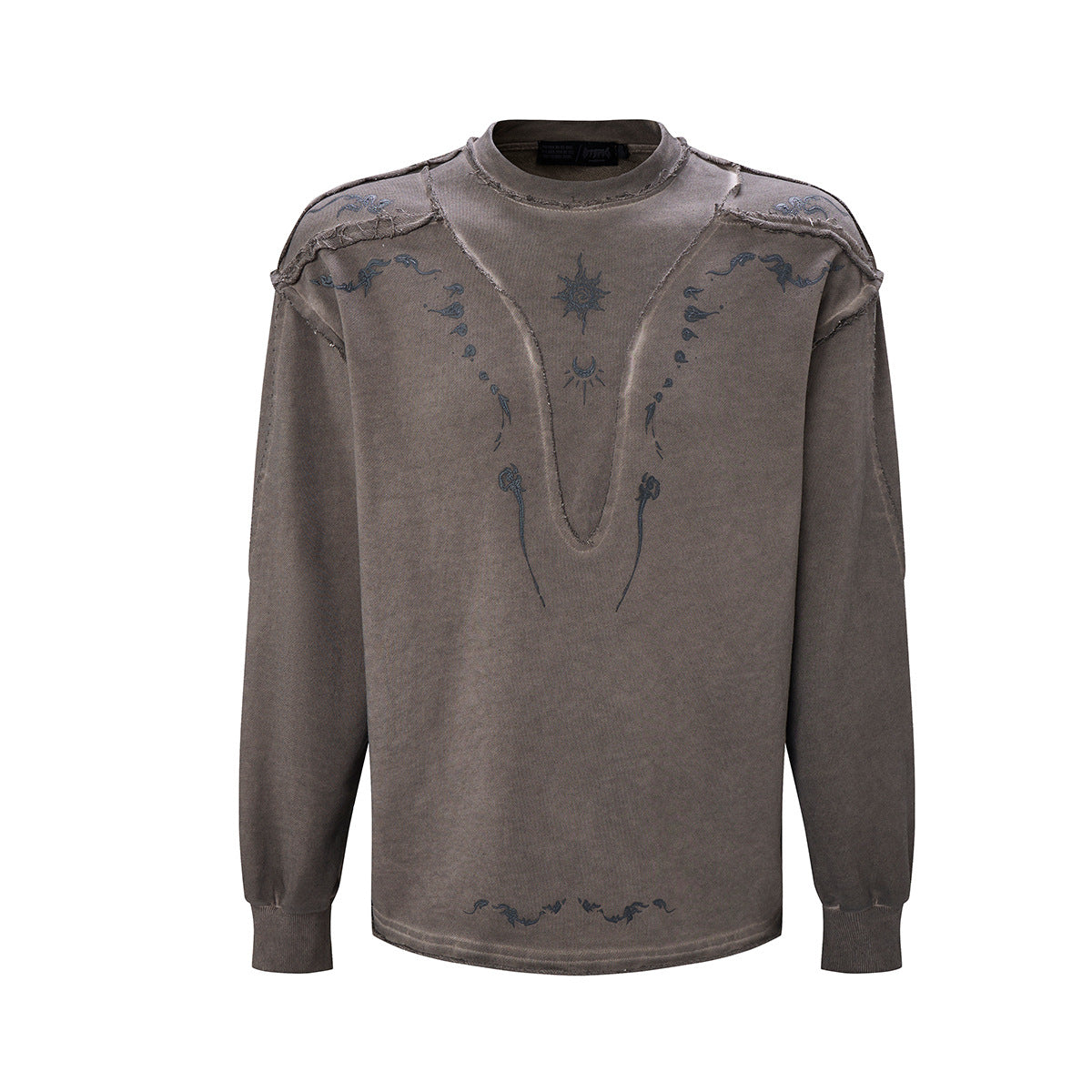 Heavyweight acid wash long sleeve shirt with celestial print and raw-edge V-seam panel in coffee brown and charcoal grey