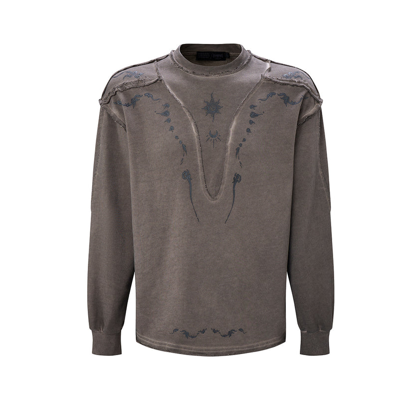 Heavyweight acid wash long sleeve shirt with celestial print and raw-edge V-seam panel in coffee brown and charcoal grey
