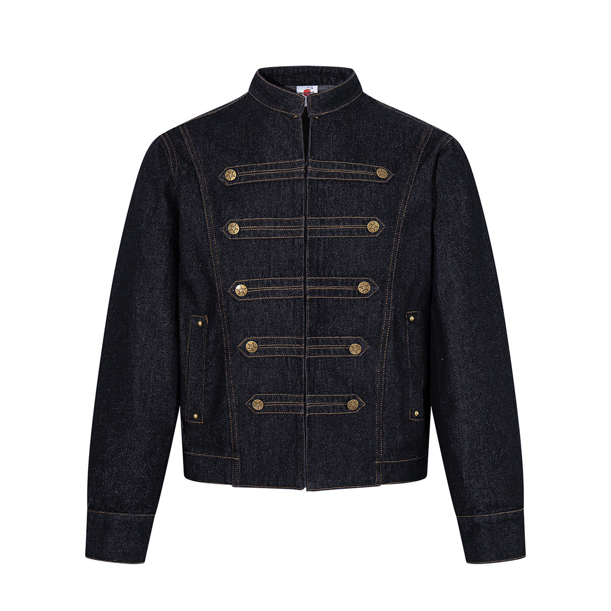 Dark indigo military-style denim jacket with Napoleon stand collar and antique gold star button straps, front view