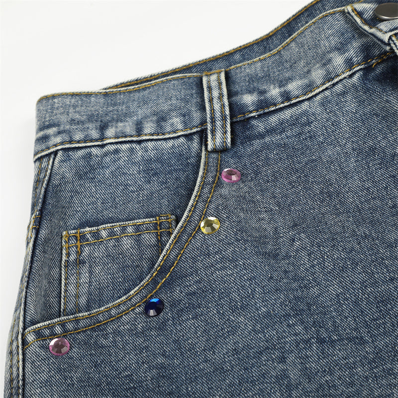 Men's Wide Leg Denim Shorts with Rhinestone Script Embroidery