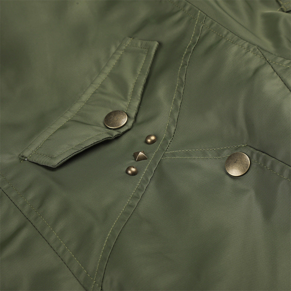 Men's Army Green Bomber Jacket with Leopard Faux Fur Collar & Rivet Detail
