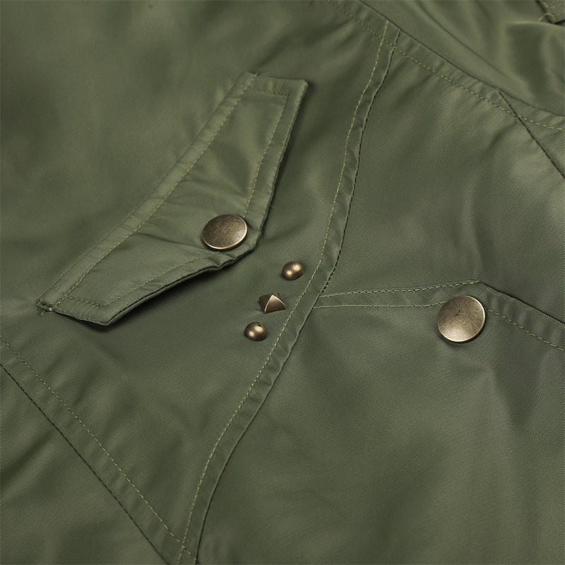 Men's Army Green Bomber Jacket with Leopard Faux Fur Collar & Rivet Detail