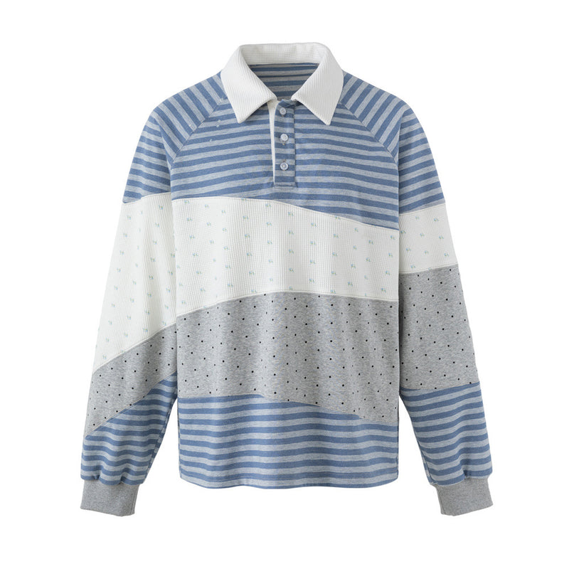 Long Sleeve Polo Shirt Patchwork Striped Color-Block Oversized Top