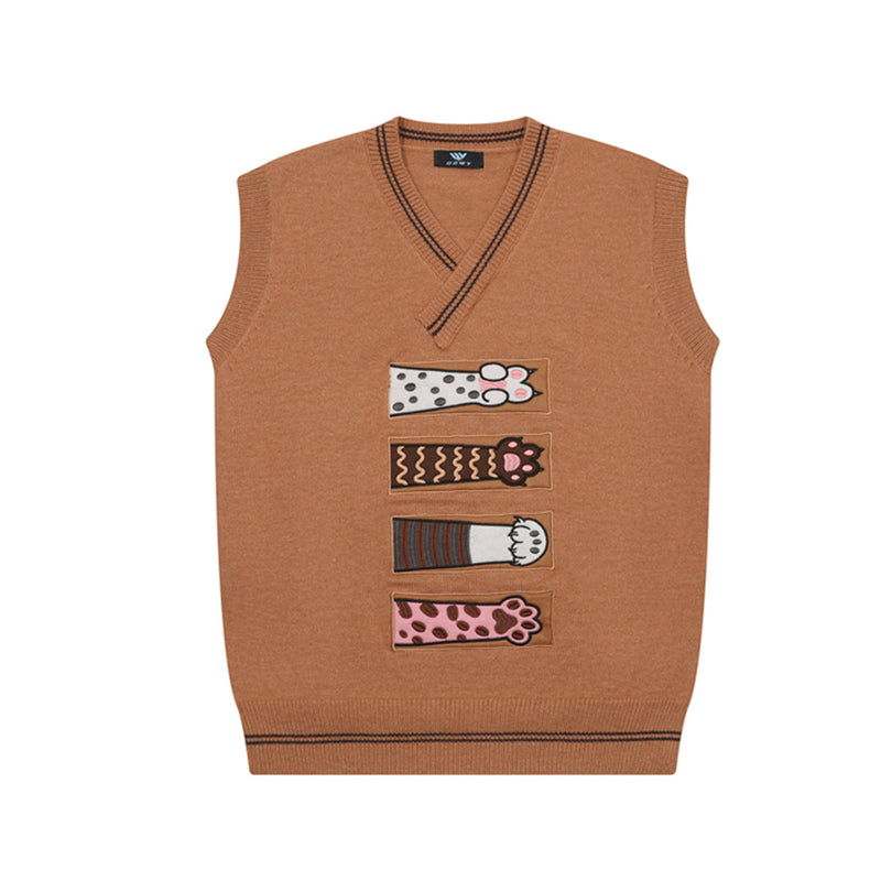 Cat Paw Knit Sweater Vest – V-Neck Jacquard Sleeveless Pullover in Brown