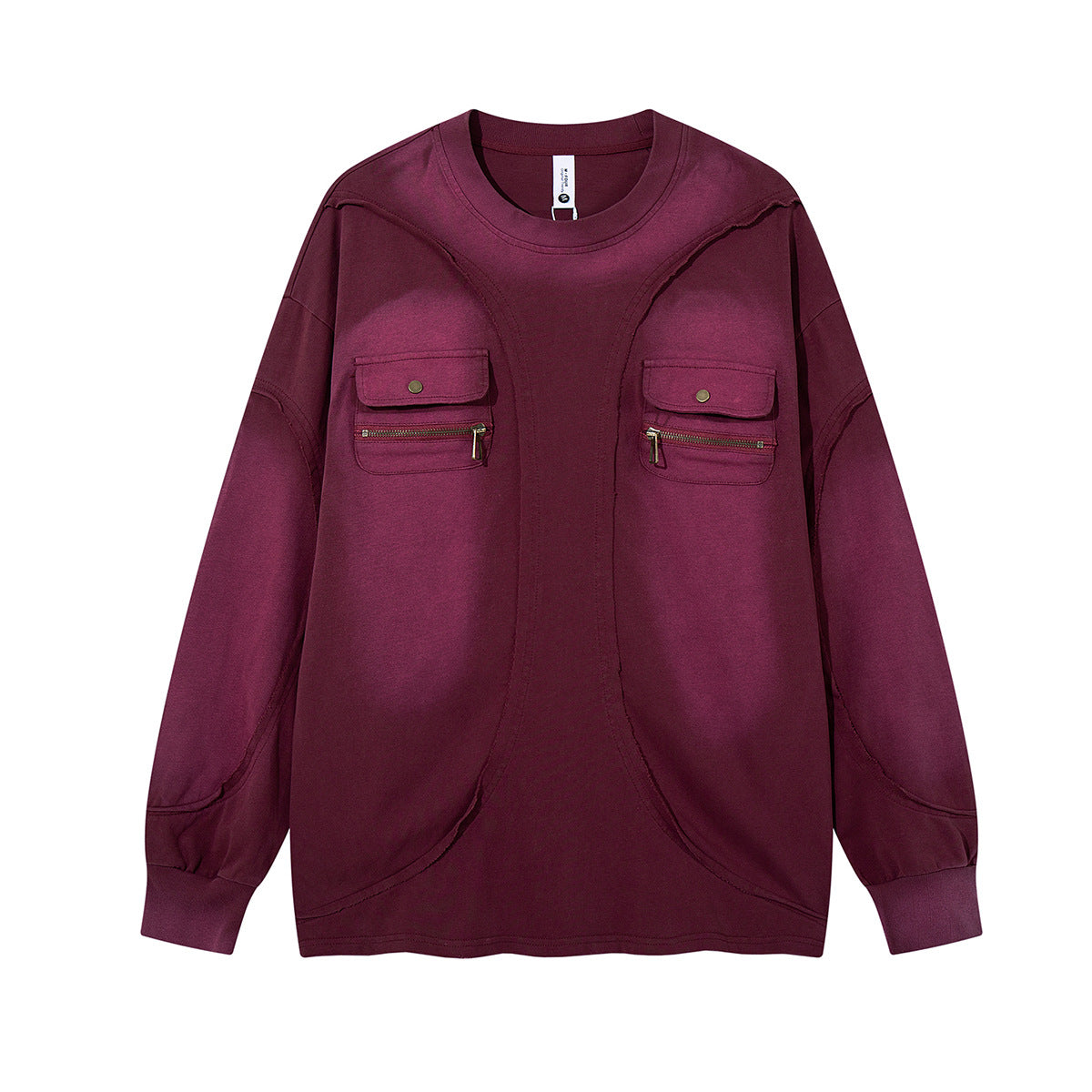 Sweat-shirt oversize à manches longues avec deux poches cargo sur la poitrine et fermetures zippées en laiton, rouge bordeaux, vue de face