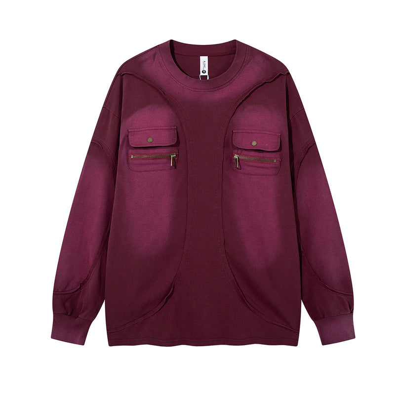 Sweat-shirt oversize à manches longues avec deux poches cargo sur la poitrine et fermetures zippées en laiton, rouge bordeaux, vue de face