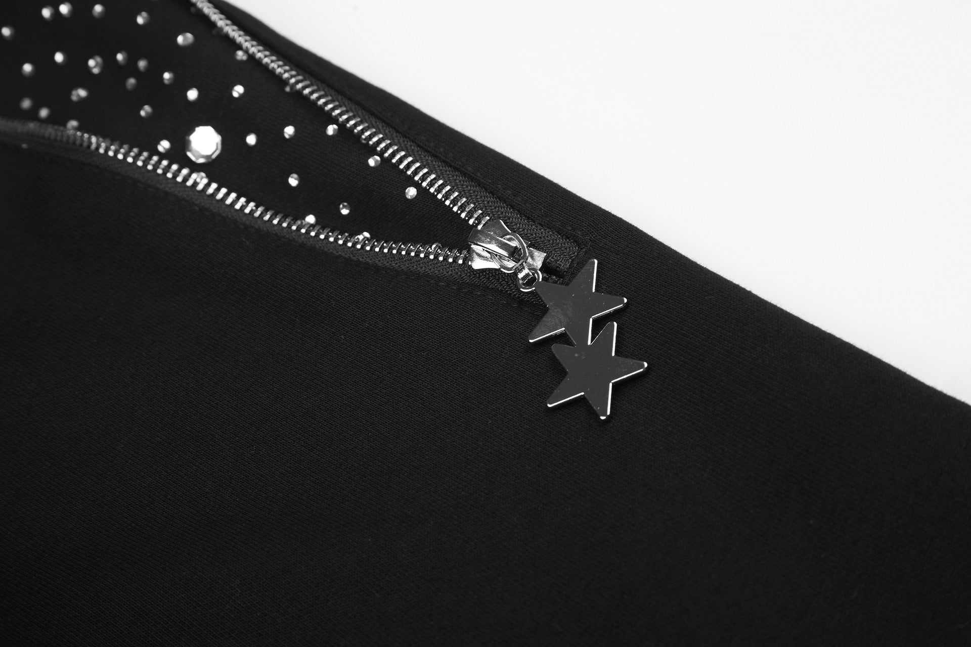 Zip-Hoodie mit Designer-Strass-Sternenpanel – schwarzes Oversize-Sweatshirt