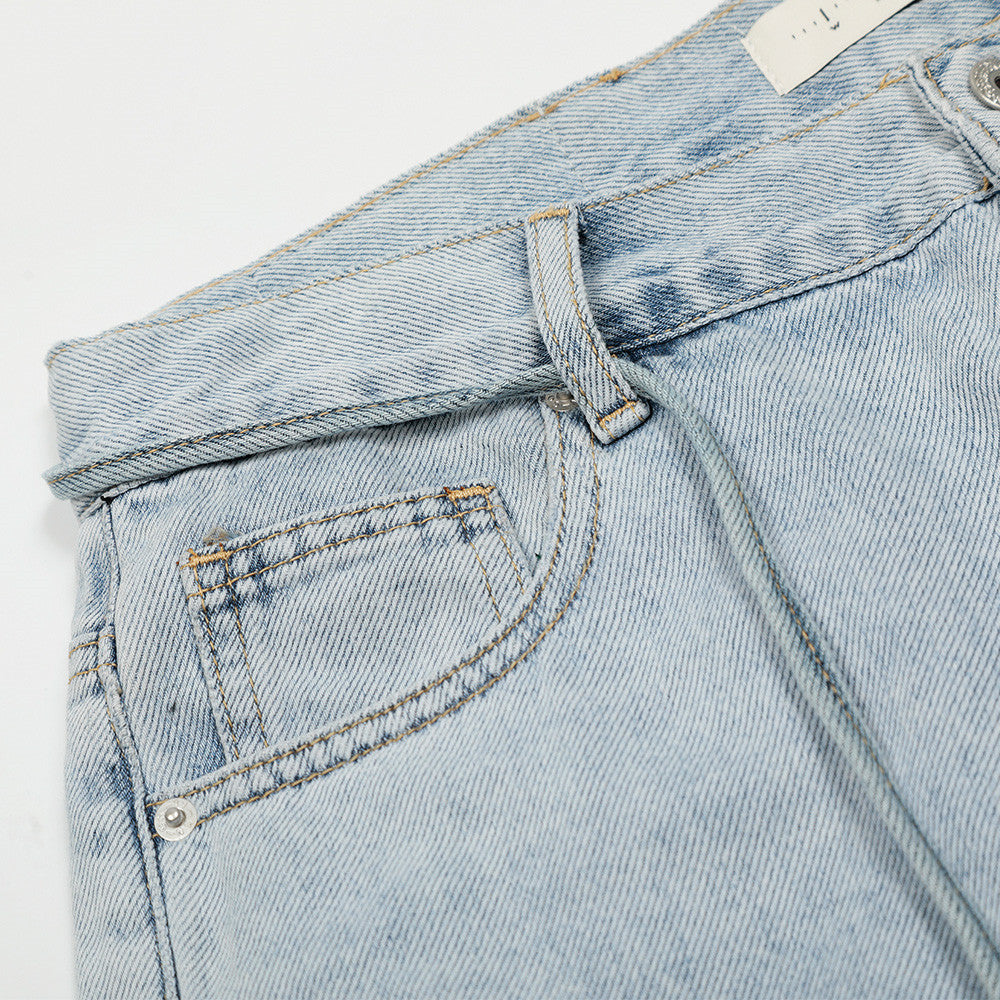 Wide-Leg Distressed Jeans – Light Blue Acid-Washed Straight-Cut Denim with