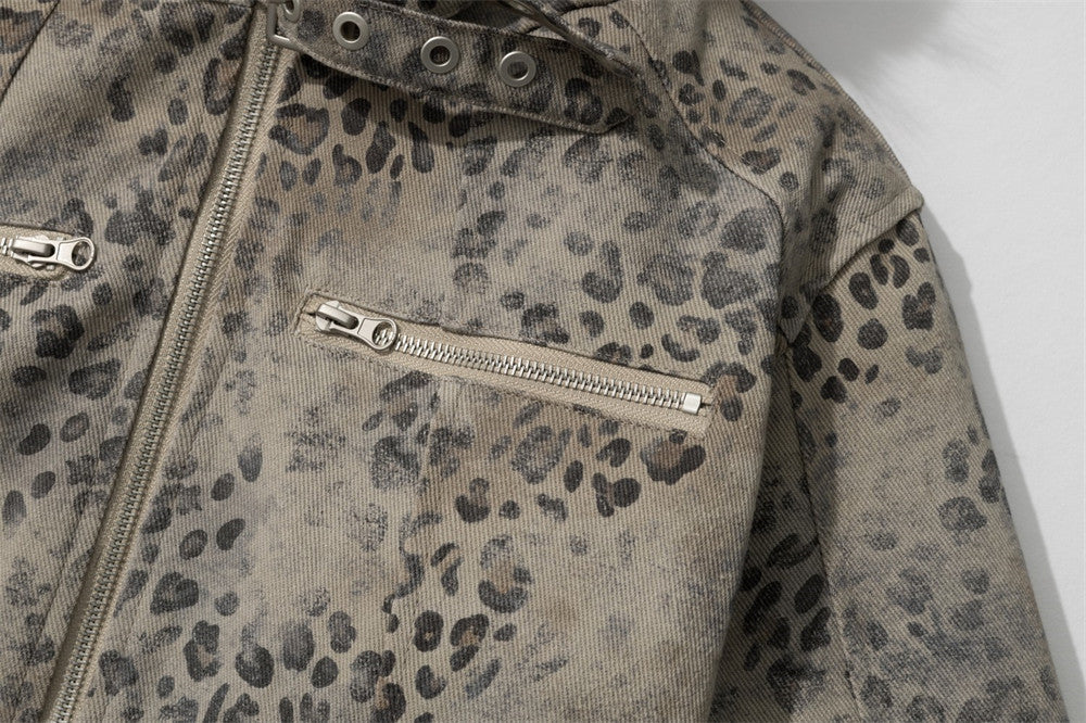 Leopard Print Zip-Up Jacket with Faux Fur Collar & Sherpa Lining