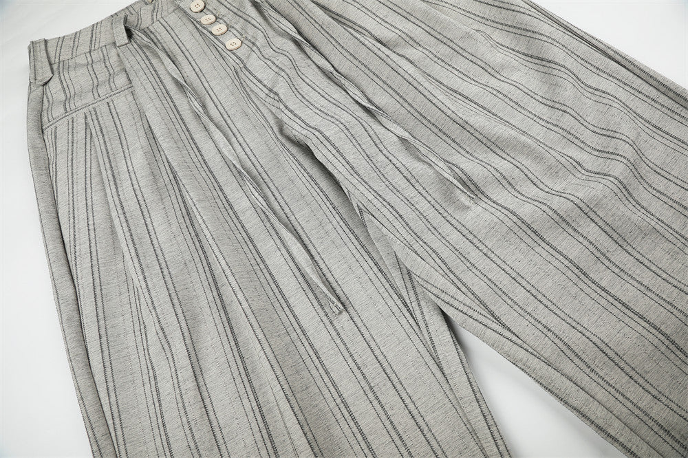 Wide-Leg Striped Trousers – Button-Fly Pleated Straight-Cut Pants