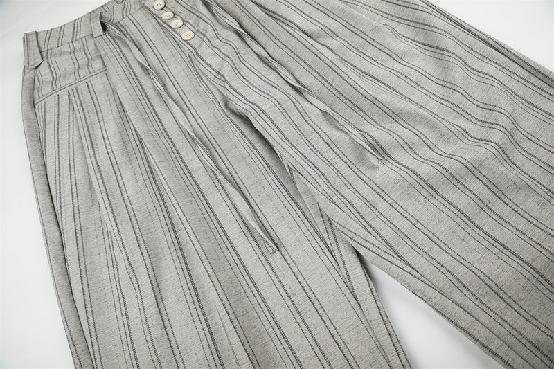 Wide-Leg Striped Trousers – Button-Fly Pleated Straight-Cut Pants