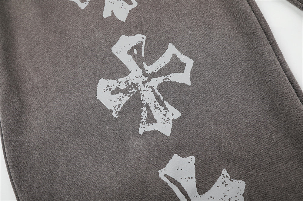 Wide-Leg Sweatpants with Vintage Cross Print & Acid Wash Finish