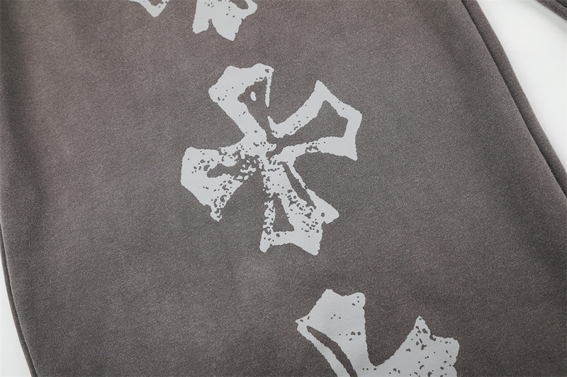Wide-Leg Sweatpants with Vintage Cross Print & Acid Wash Finish