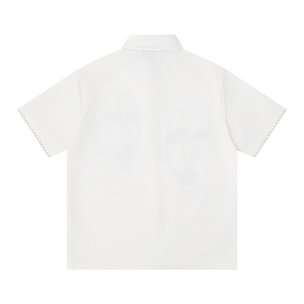 Abstract Face Embroidered Oversized Short-Sleeve Button-Up Shirt