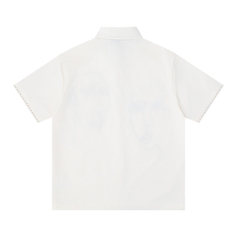 Abstract Face Embroidered Oversized Short-Sleeve Button-Up Shirt