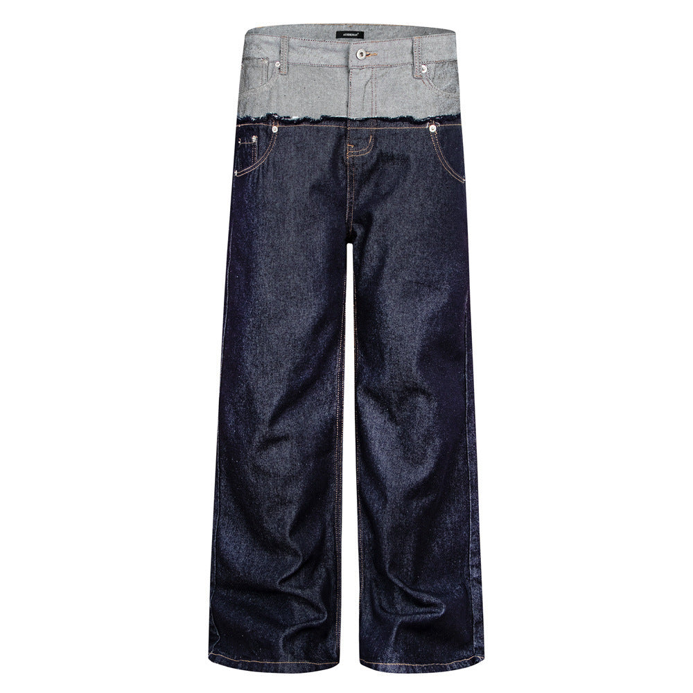Jean homme coupe ample – Denim brut à double ceinture avec empiècements effilochés &